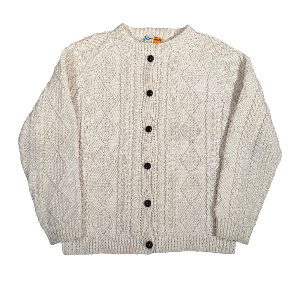 Vintage 70s Mary Smith Irish Wool Aran Cable Knit Cream Cardigan Sweater Medium